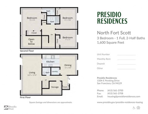 Floor plan for 3 beds, 1.5 baths, 1600 sqft